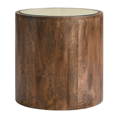 Round wood rattan side table.