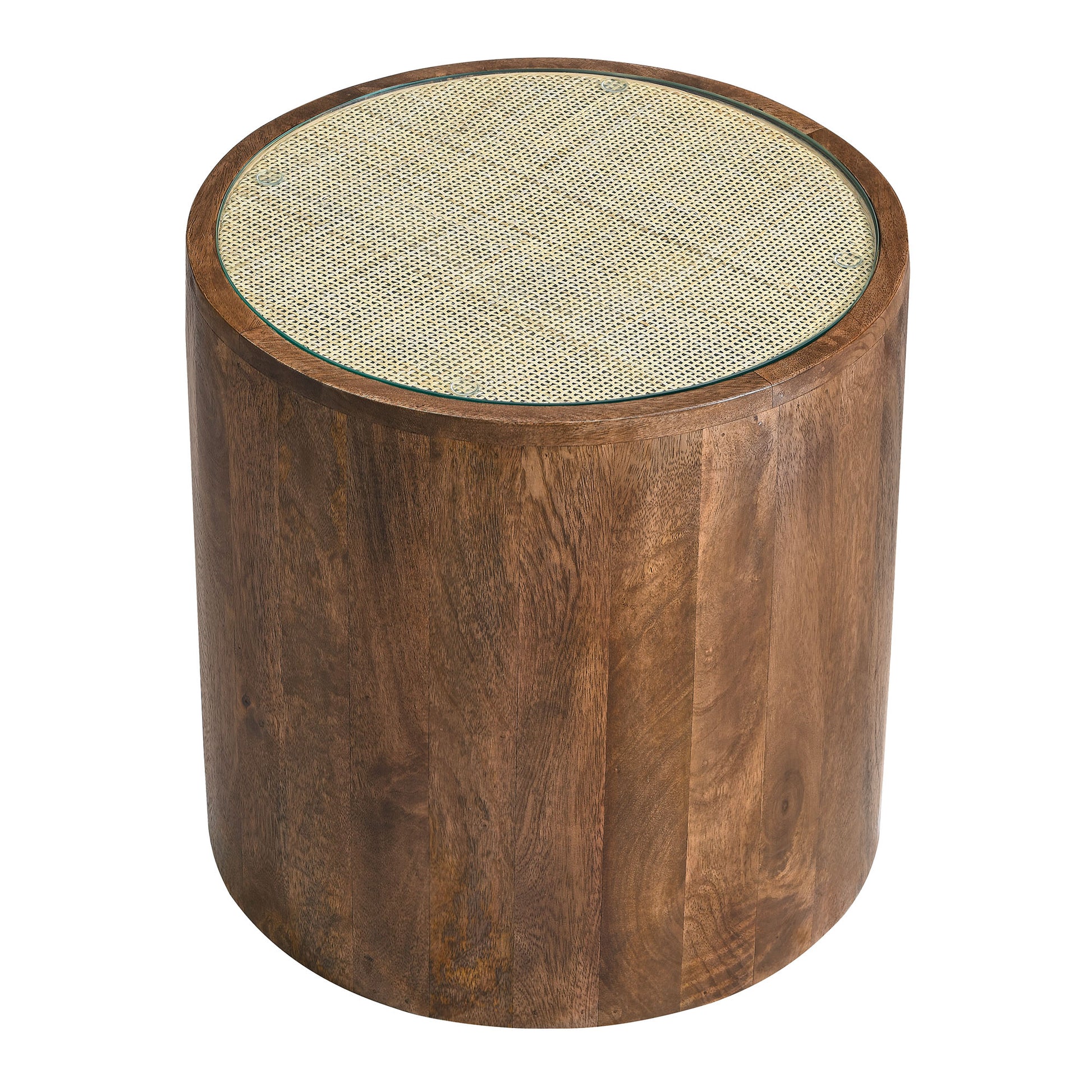 Round walnut-finish wooden side table with a woven cane top and glass inset.