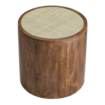 Round walnut-finish wooden side table with a woven cane top and glass inset.