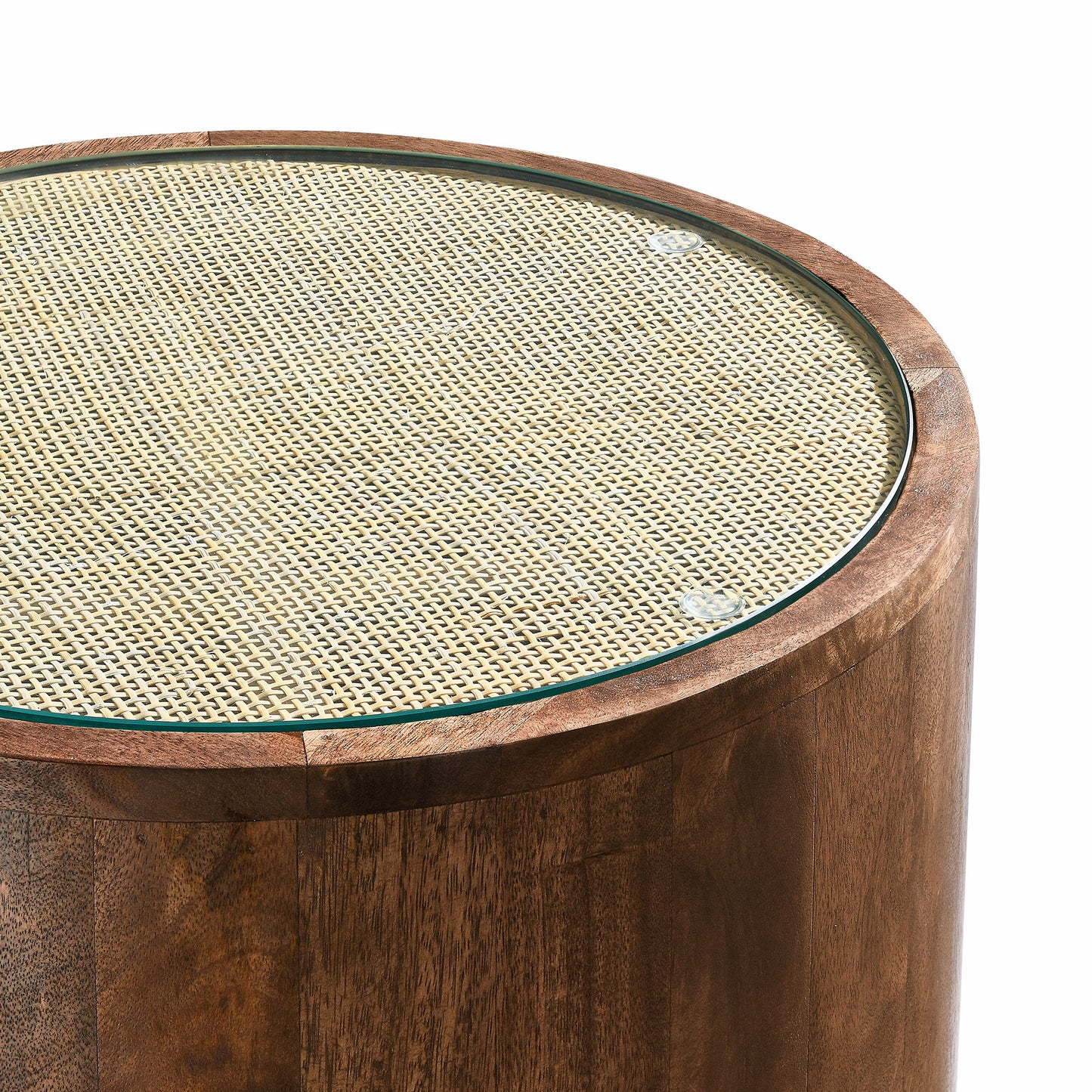 Round wood side table with a cane-woven inset and a solid curved wood base.