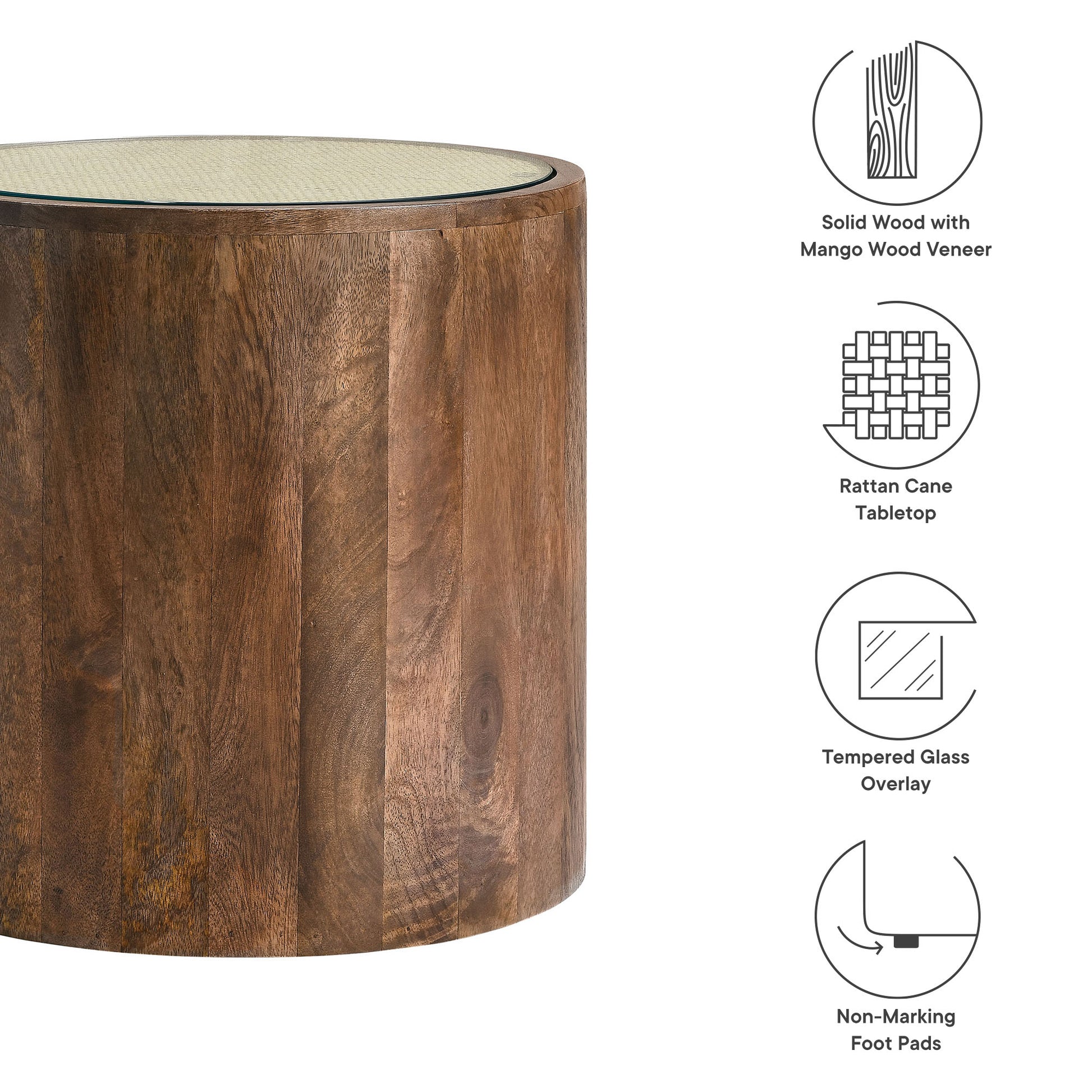 Solid wood with mango veneer round end table, rattan cane tabletop with tempered glass overlay & non-marking foot pads.