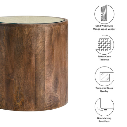 Solid wood with mango veneer round end table, rattan cane tabletop with tempered glass overlay & non-marking foot pads.
