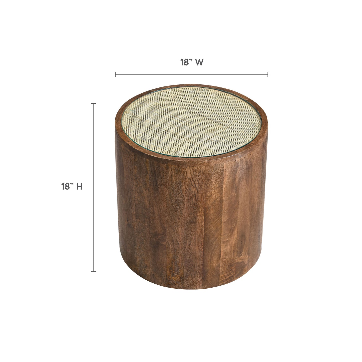 Walnut-finished round side table with a rattan top, 18" diameter & 18" height.