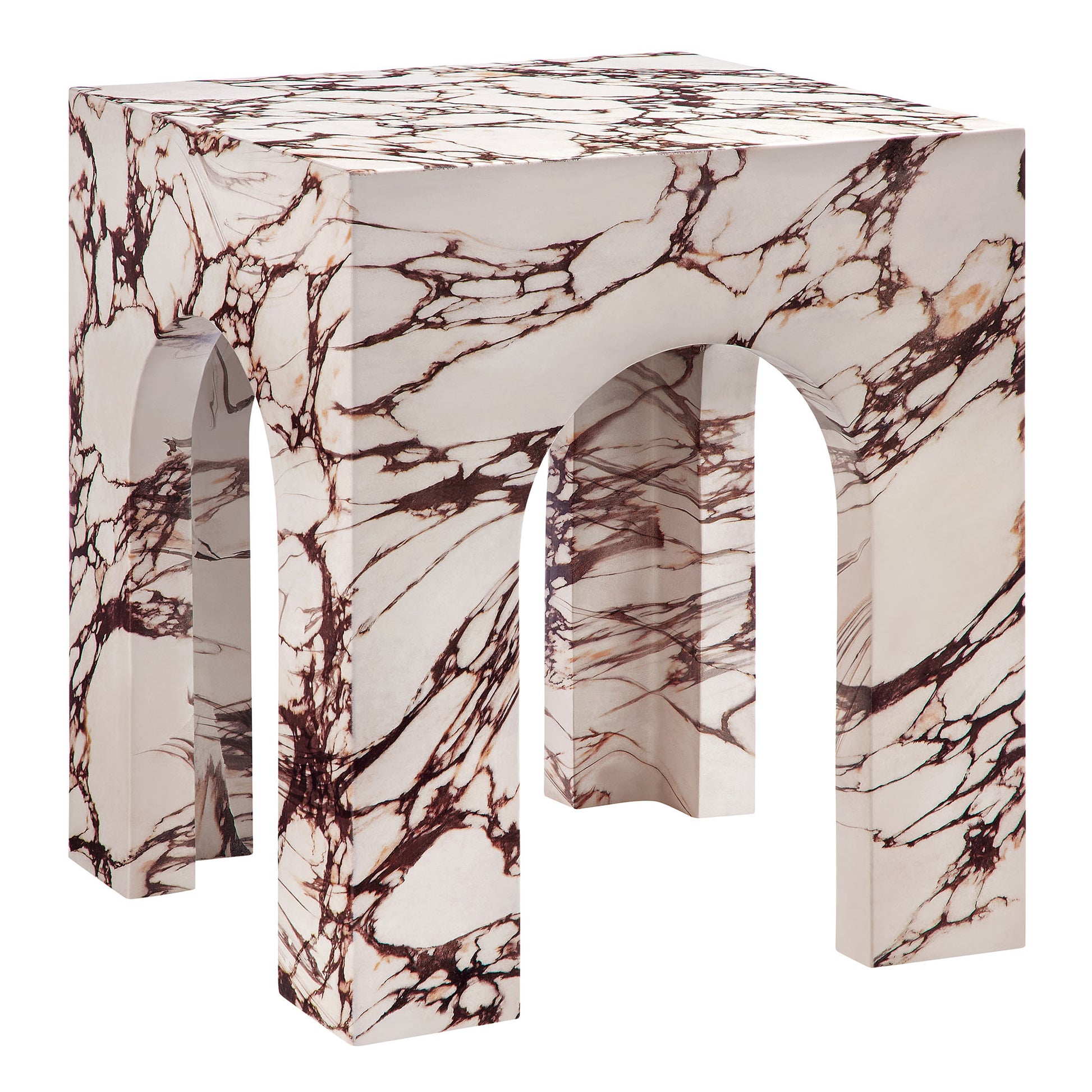 Red concrete square side table with a front panel featuring three arched openings; suitable for indoor or outdoor patio.