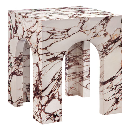 Red concrete square side table with a front panel featuring three arched openings; suitable for indoor or outdoor patio.