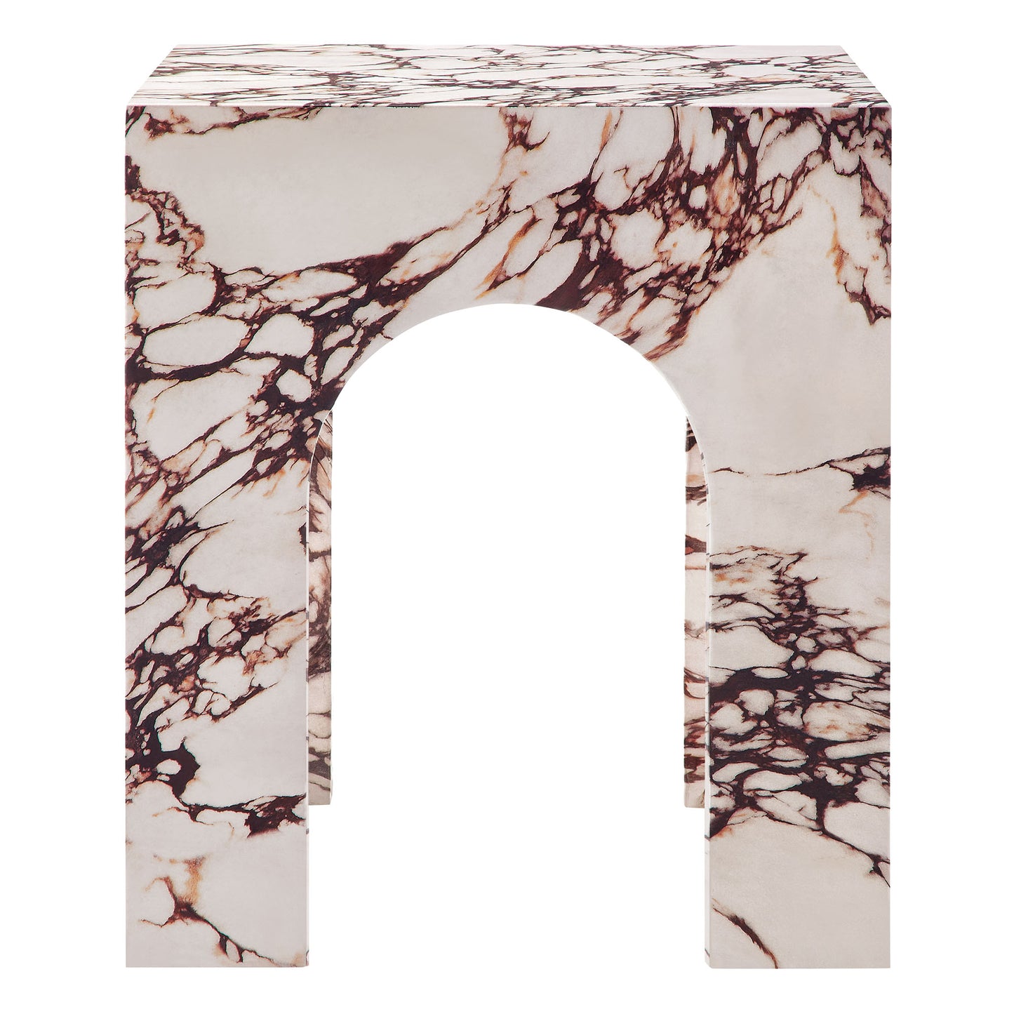 Red arched concrete square side table with a curved arch design.