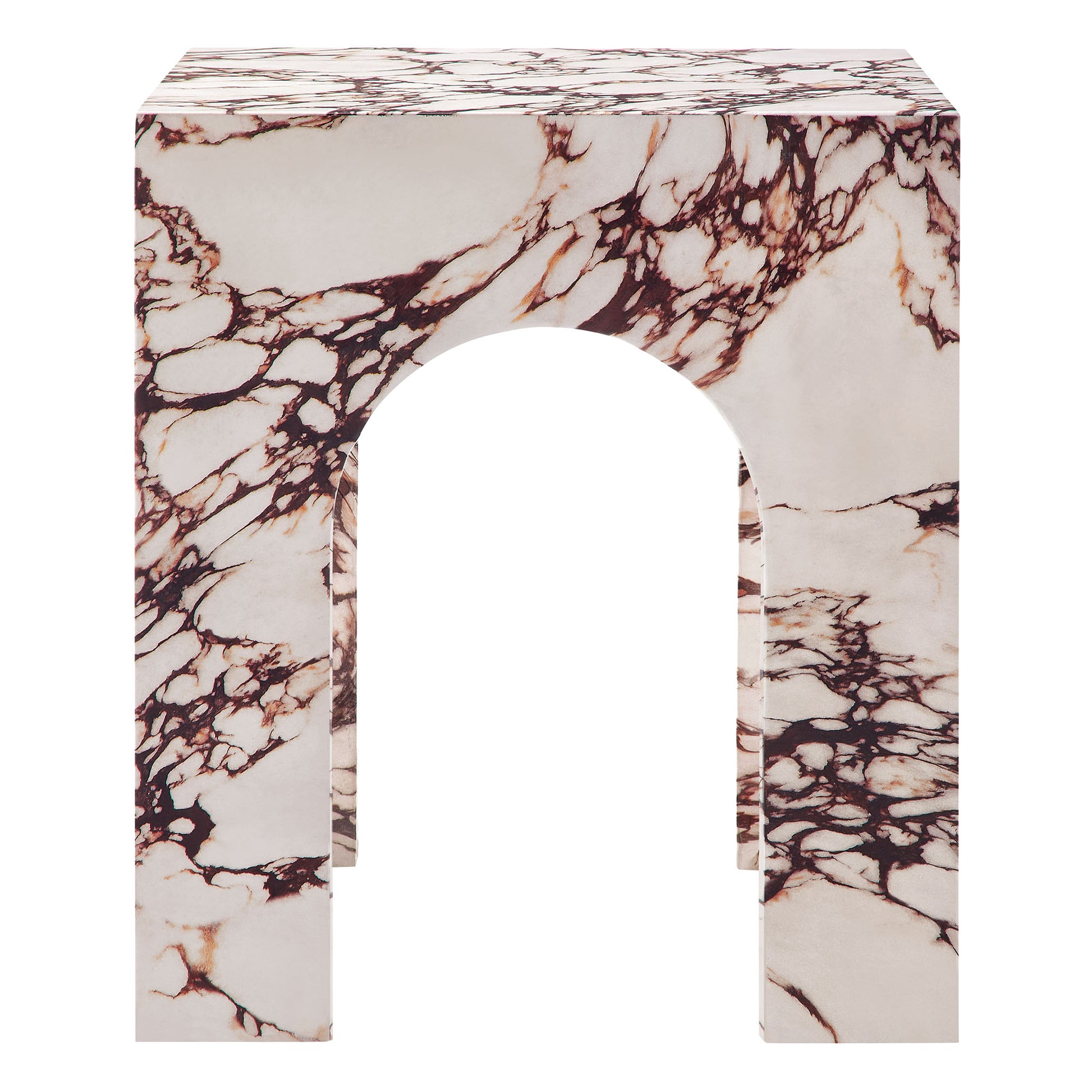 Red arched concrete square side table with a curved arch design.