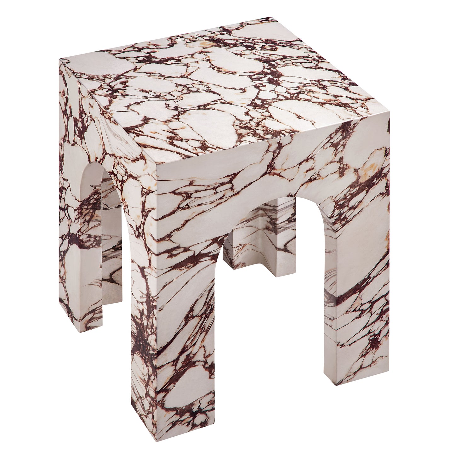 Red square-top side table with arched side openings; concrete-style, indoor/outdoor use.