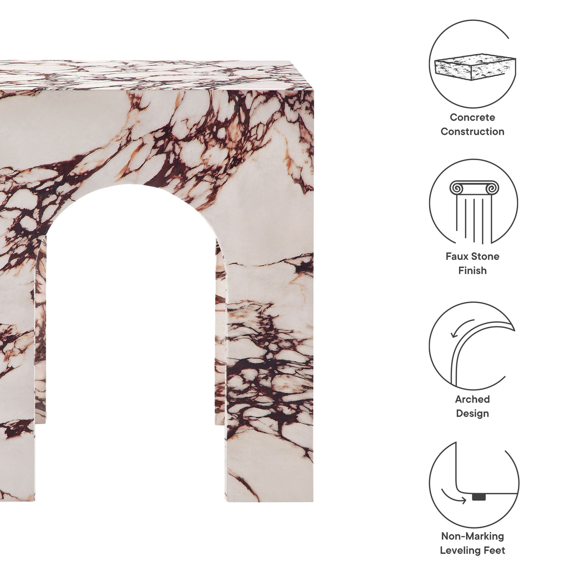 Arch-shaped concrete side table with a large arch opening, pink veining on the surface, curved silhouette, non-marking feet.