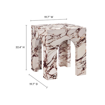Cream marble-patterned square concrete side table with arched leg cutouts and brown-red veining; top 19.7W x 19.7D x 22.4H