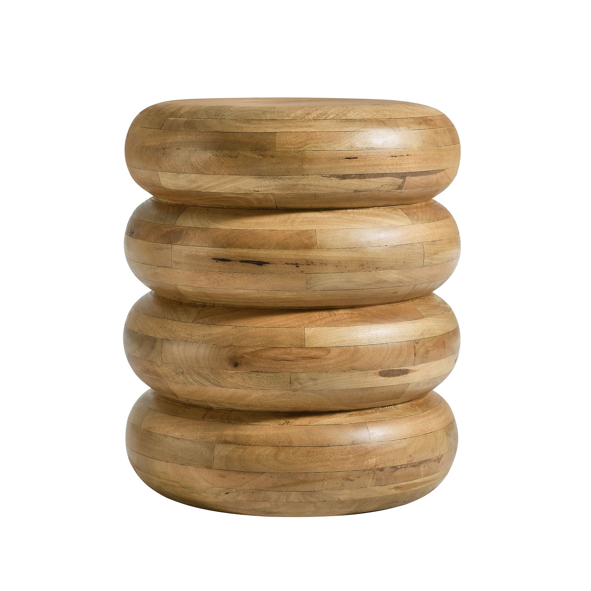Natural wood round stacked side table with four rounded discs forming a chunky pedestal.