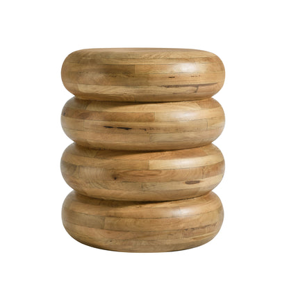 Natural wood round stacked side table with four rounded discs forming a chunky pedestal.