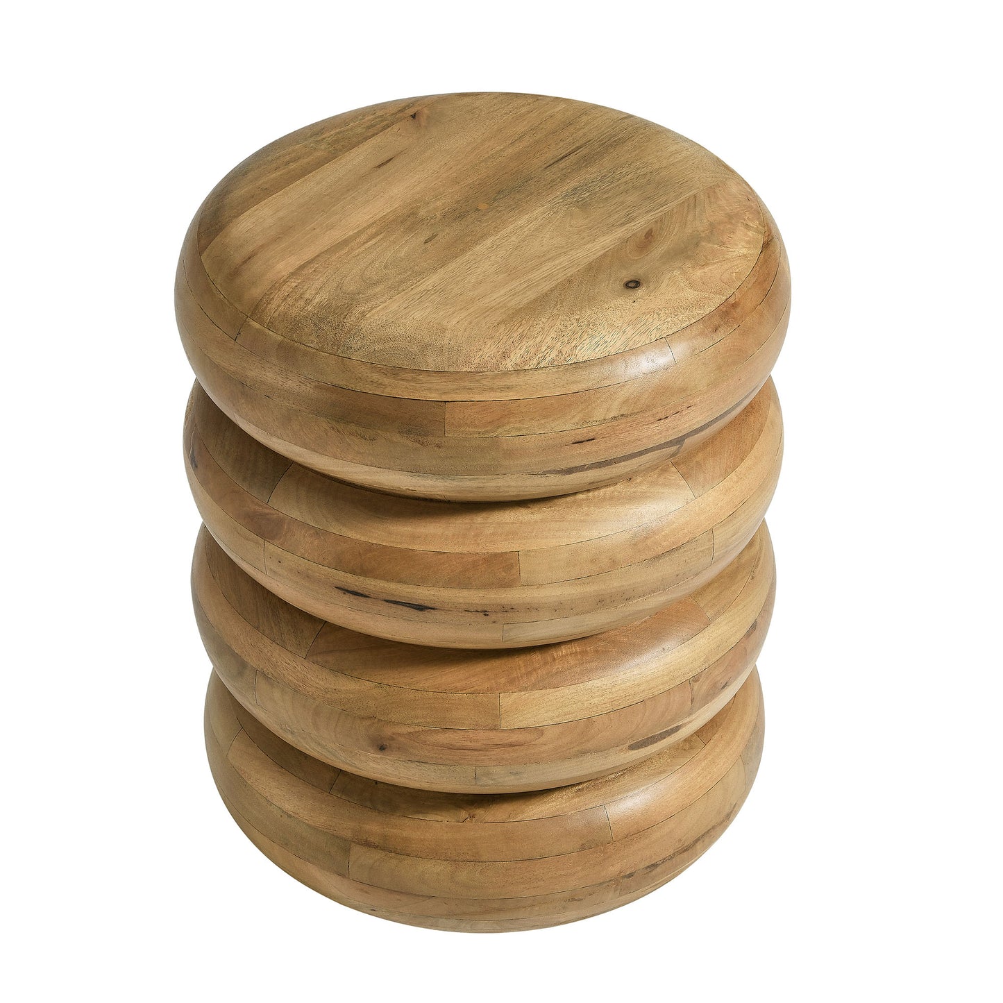 Natural wood stacked-disk round top side table; rustic cylindrical design.