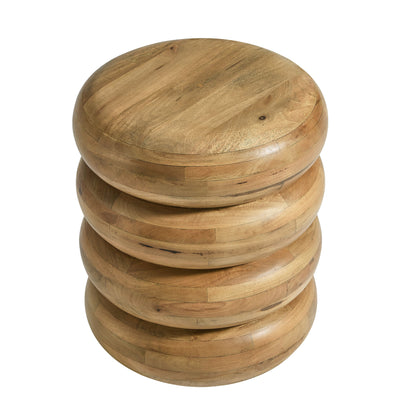 Natural wood stacked-disk round top side table; rustic cylindrical design.