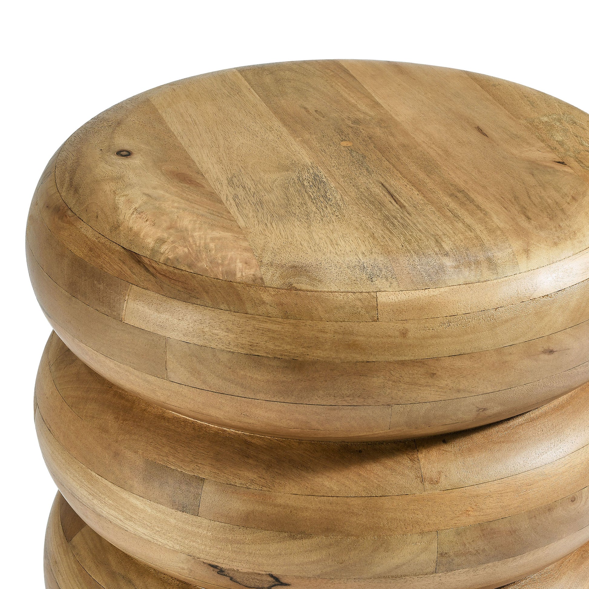 Natural wood round stacked side table with layered circular planks, warm tones, rustic style.