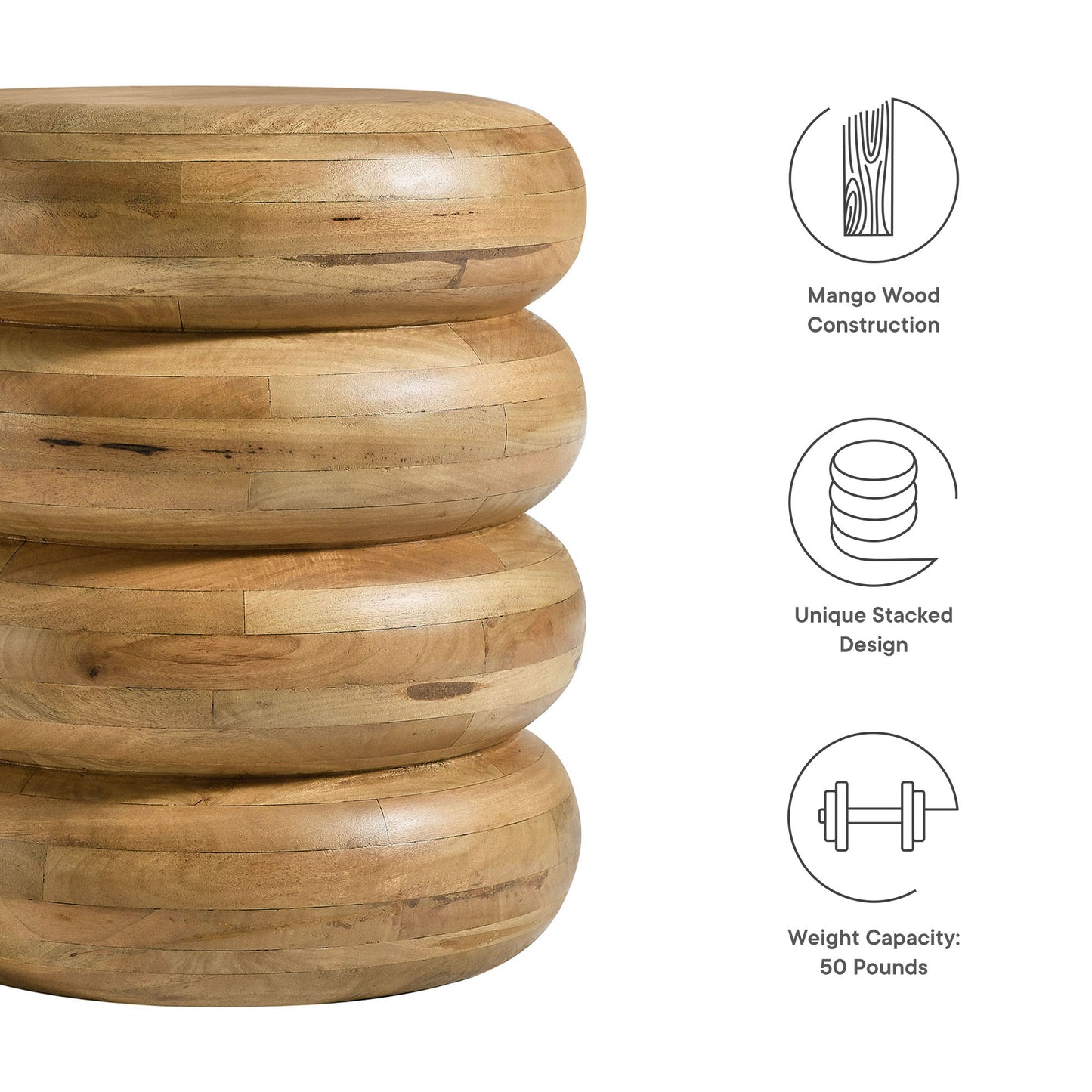Natural mango wood round side table with a stacked disc pedestal base.