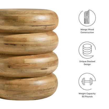 Natural mango wood round side table with a stacked disc pedestal base.