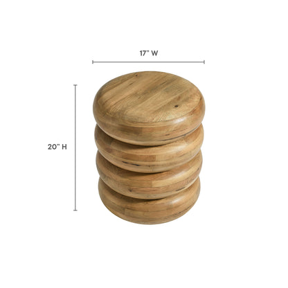 Natural wood round stacked side table with circular ring design; warm brown finish, 17 in diameter by 20 in high.