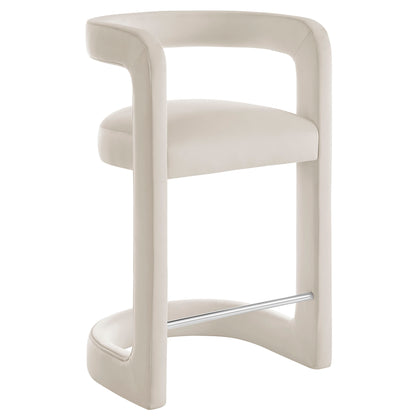 Cream upholstered bar stool with a continuous curved frame, backless design, and metal footrest.