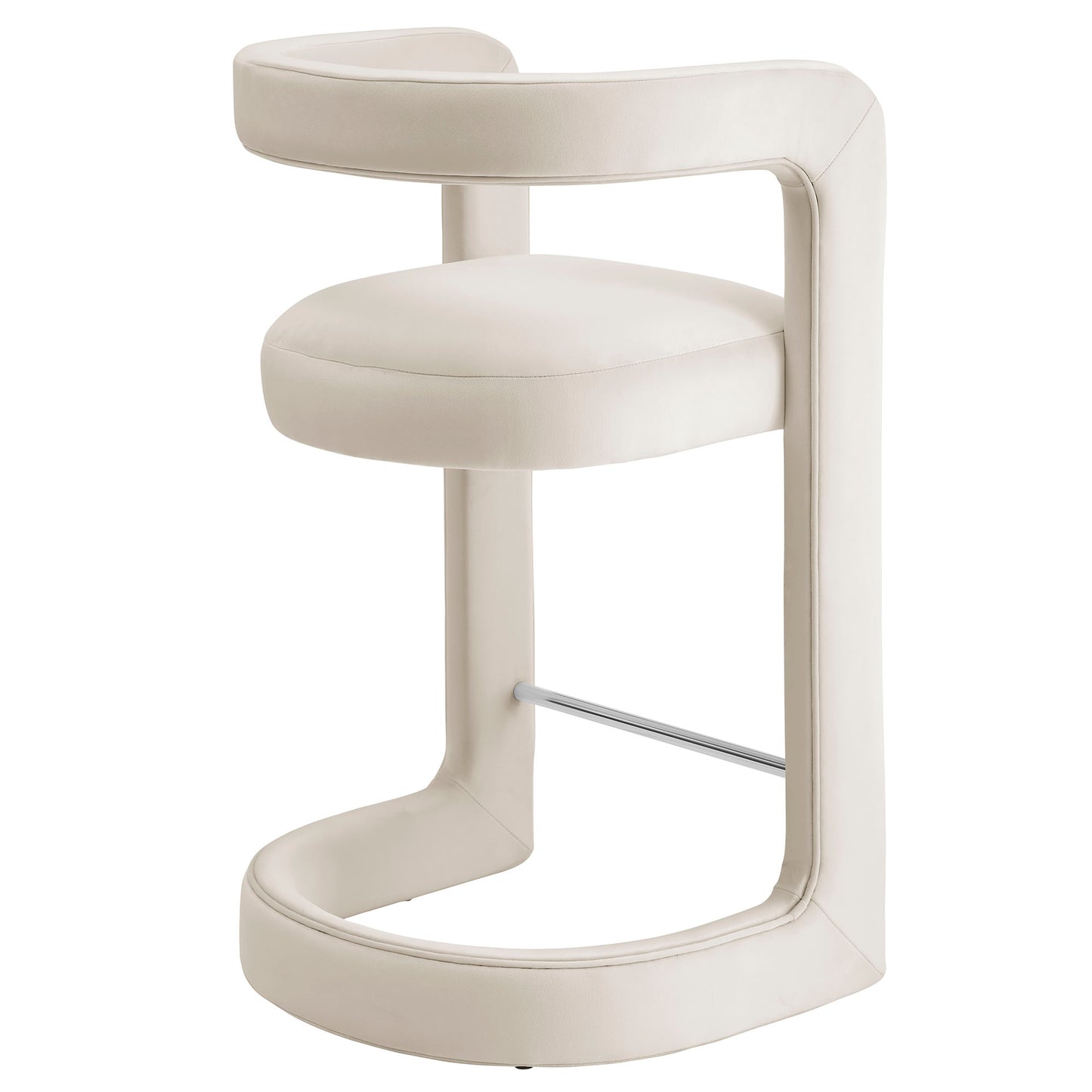 White velvet counter stool with a padded circular seat, loop backrest, and a modern cantilever base.