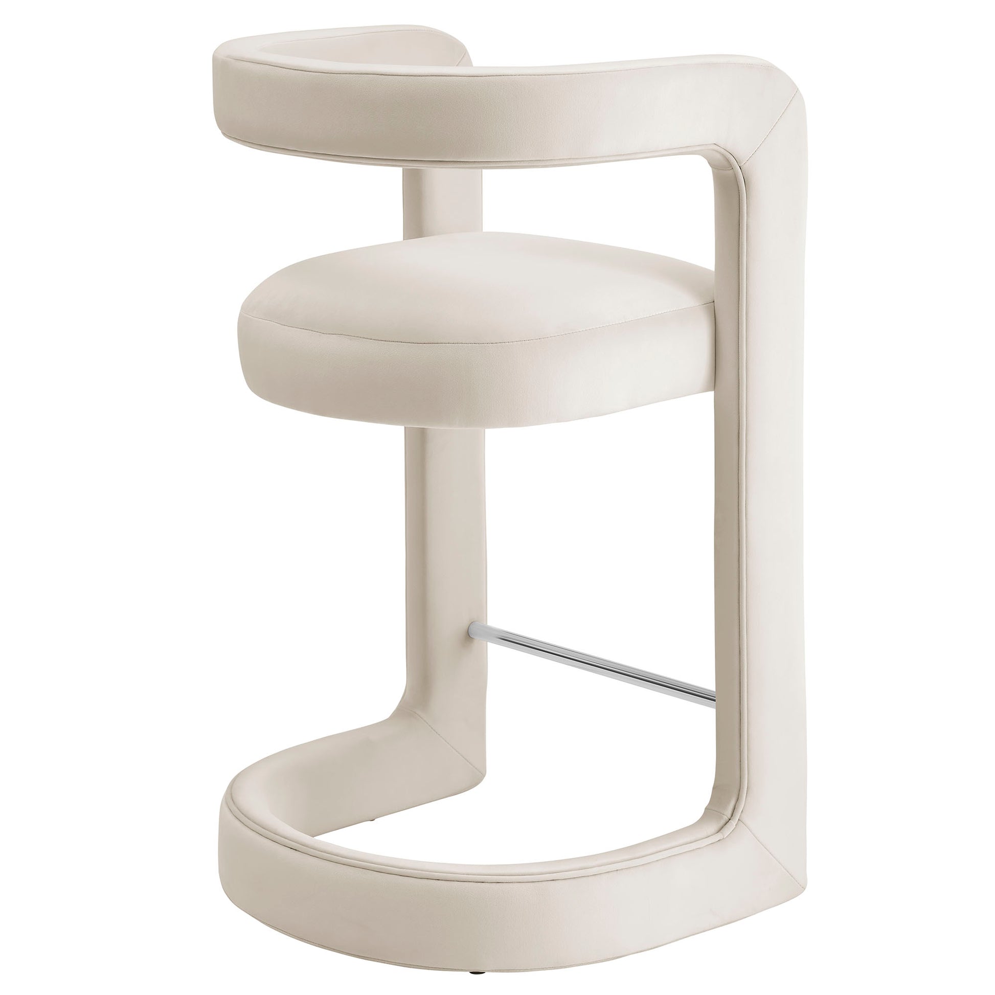 White velvet counter stool with a padded circular seat, loop backrest, and a modern cantilever base.