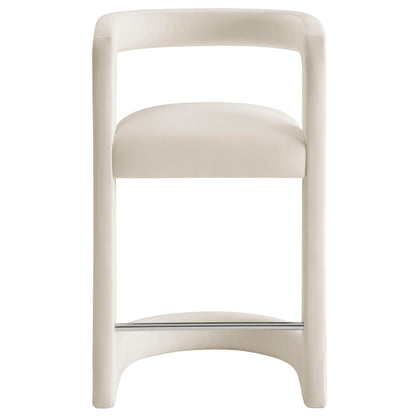 White velvet counter stool, armless with a rounded open-frame back and cushioned seat, chrome foot rail.