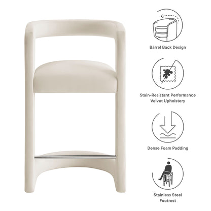 Cream velvet upholstered barrel-back counter stool with arched frame, dense foam padding, stainless steel footrest.