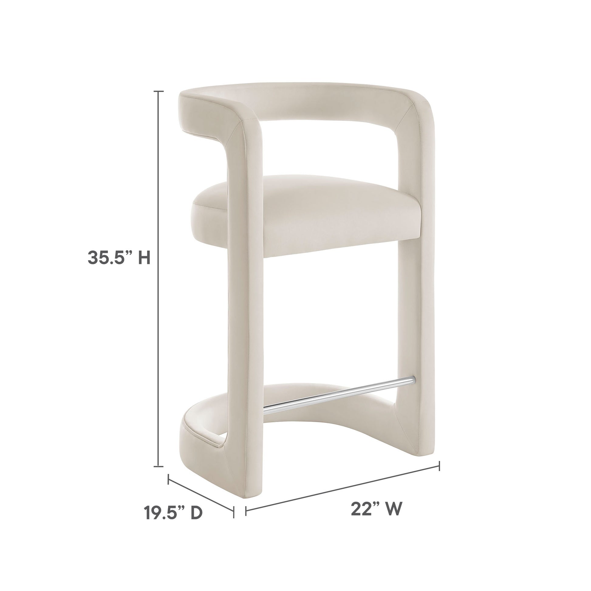Tall white velvet counter stool, 35.5 inches high, with curved back and chrome footrest.