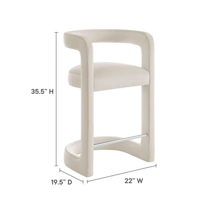 Tall white velvet counter stool, 35.5 inches high, with curved back and chrome footrest.