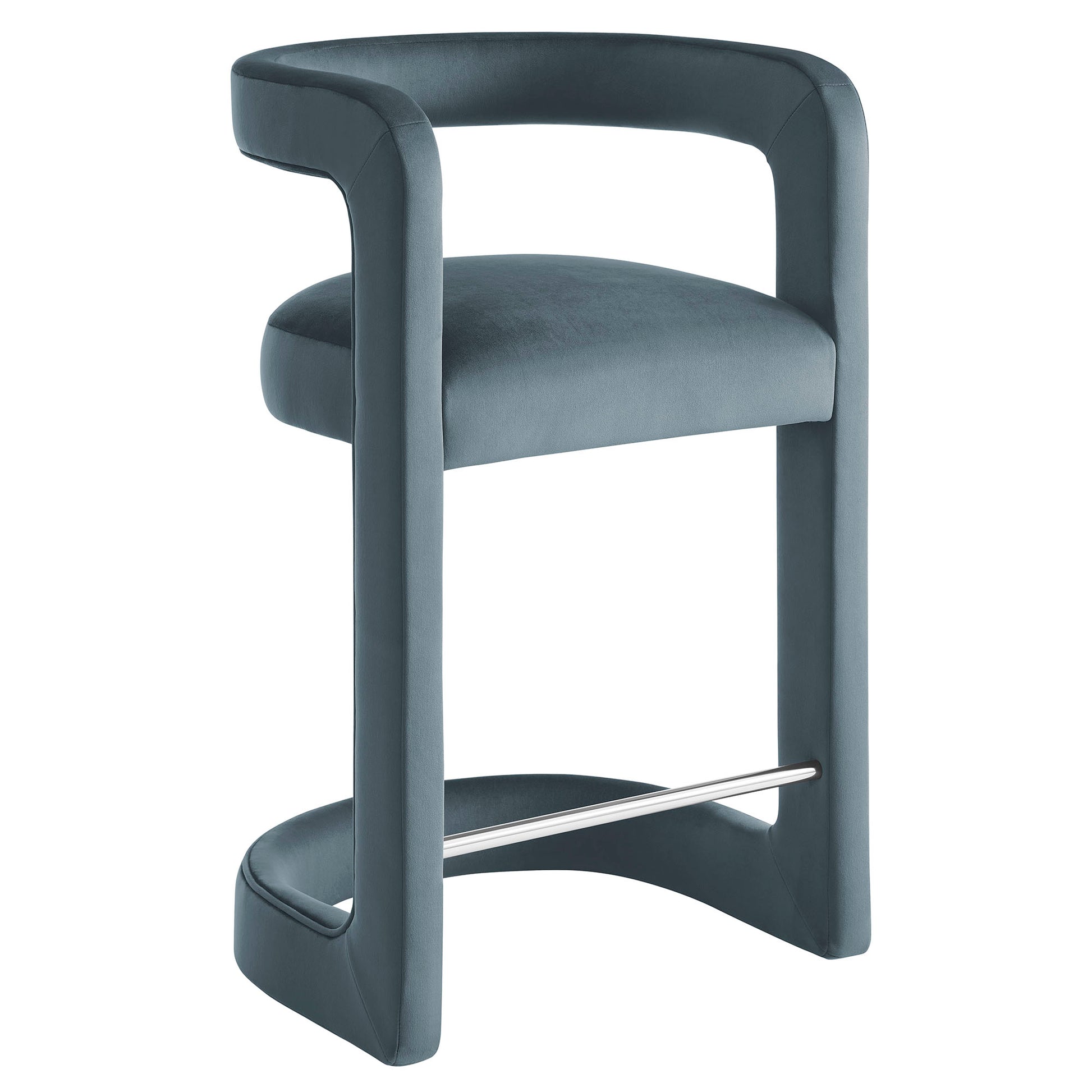 Blue upholstered counter stool with curved continuous frame, padded seat, built-in arms and metal footrest.