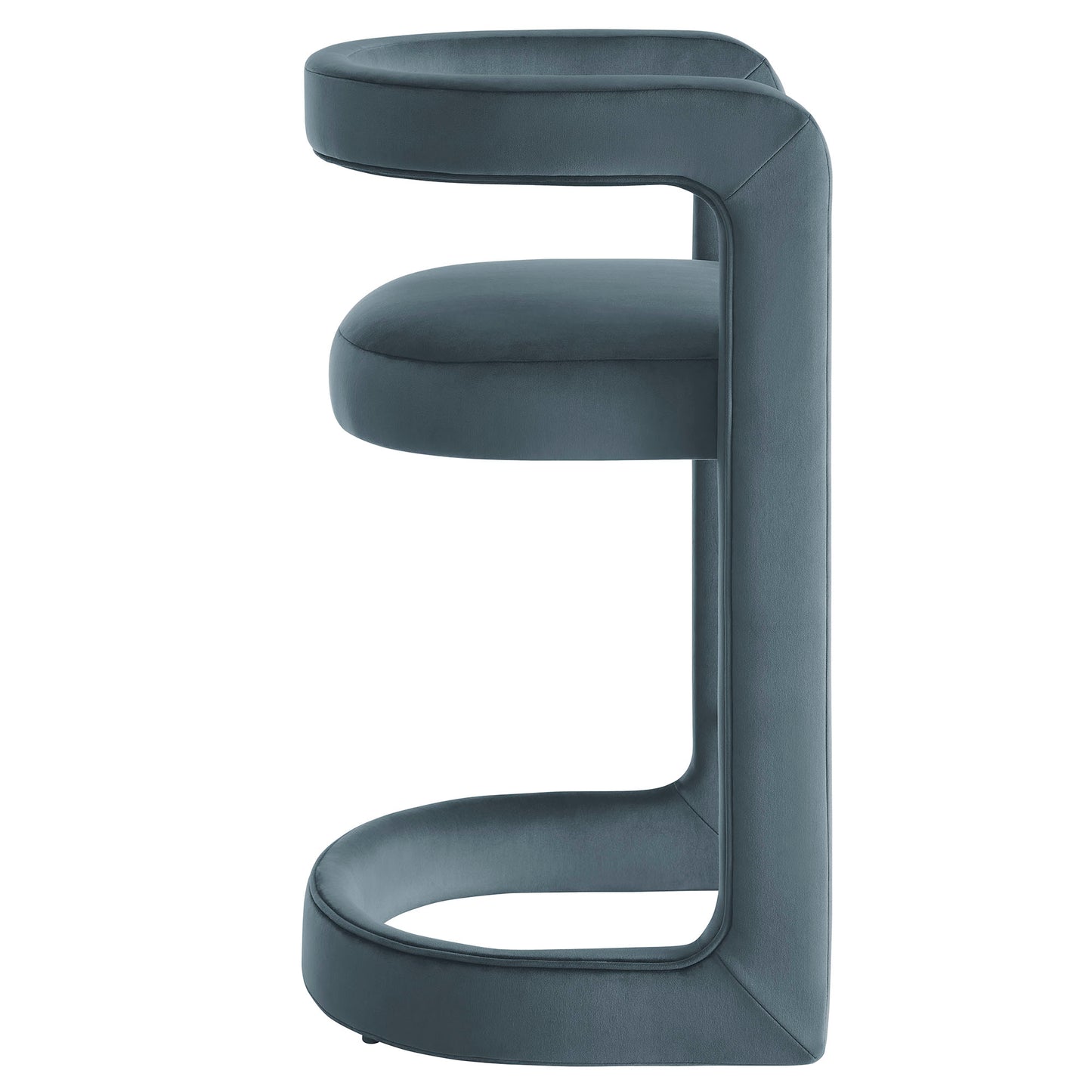 Blue velvet counter stool with a curved backrest and three rounded cushions on a slim vertical frame, forming an E-shaped silhouette.
