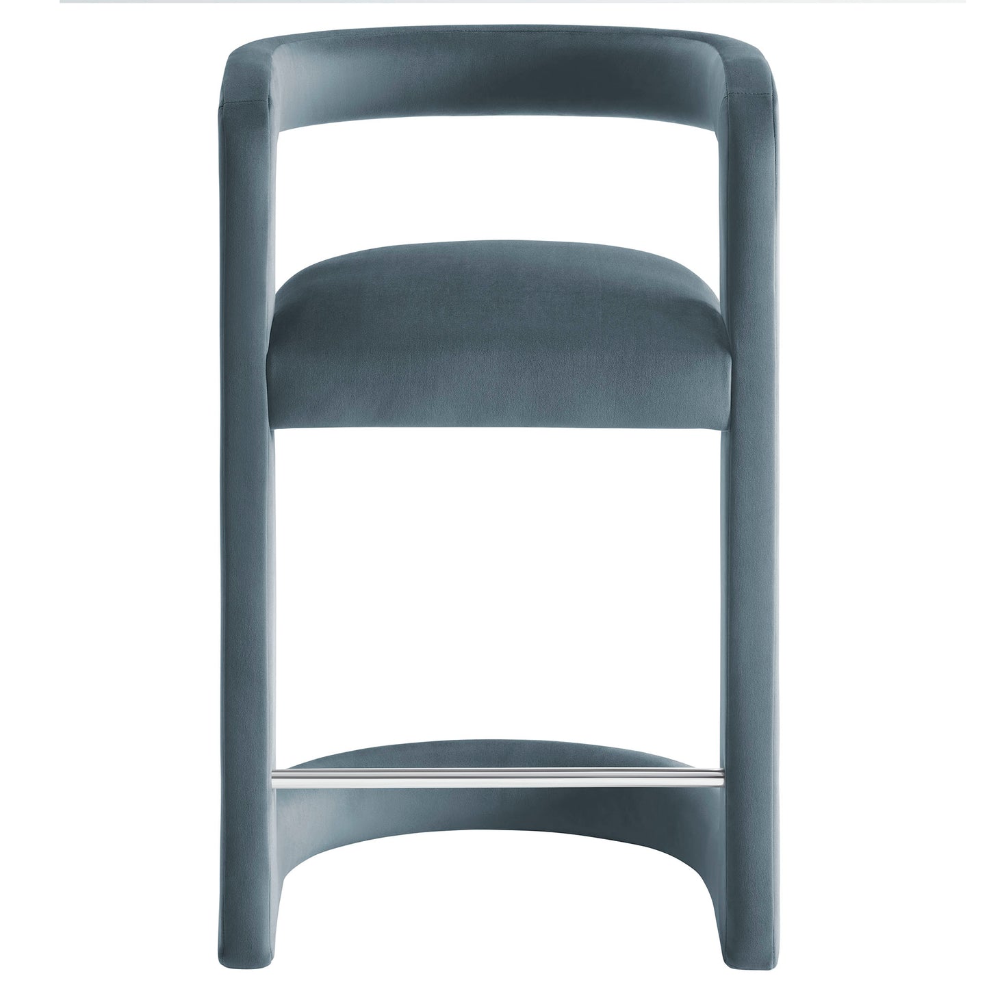 Blue velvet counter stool with a continuous curved back, cushioned seat, and chrome footrest on a wide U-shaped base.
