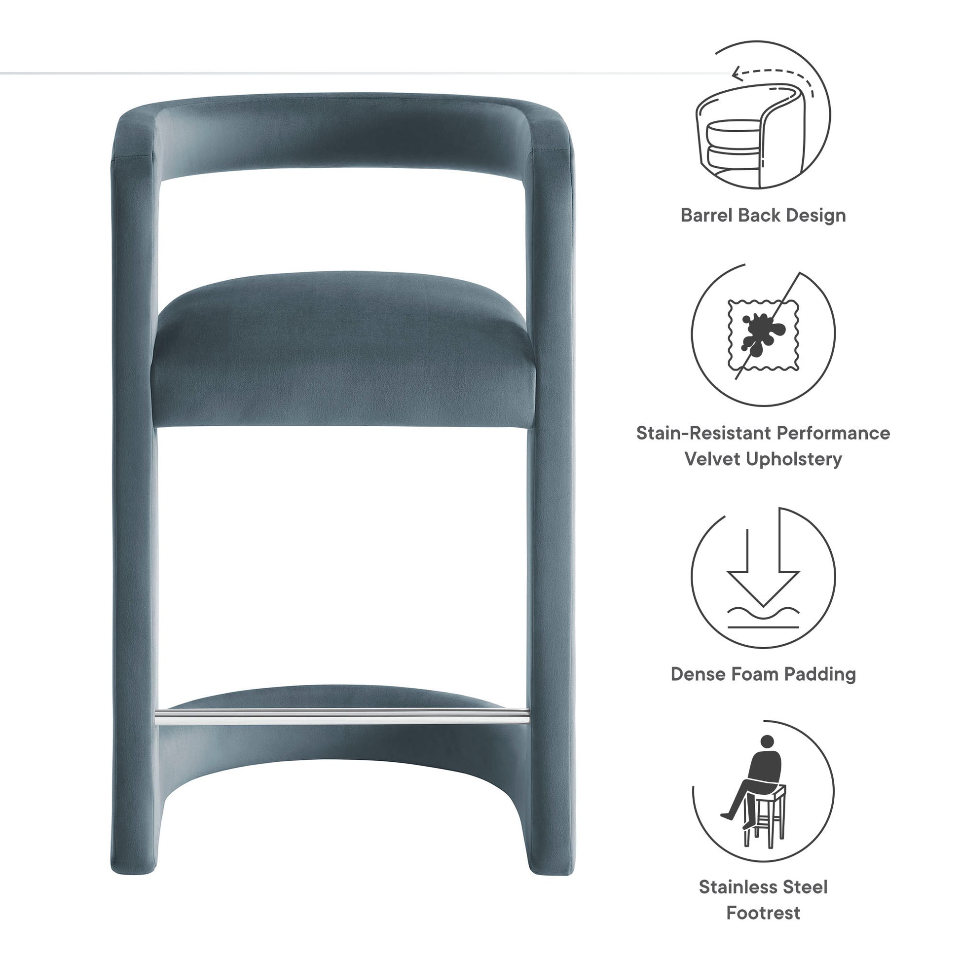 Blue velvet counter stool with a curved frame and stainless steel footrest.