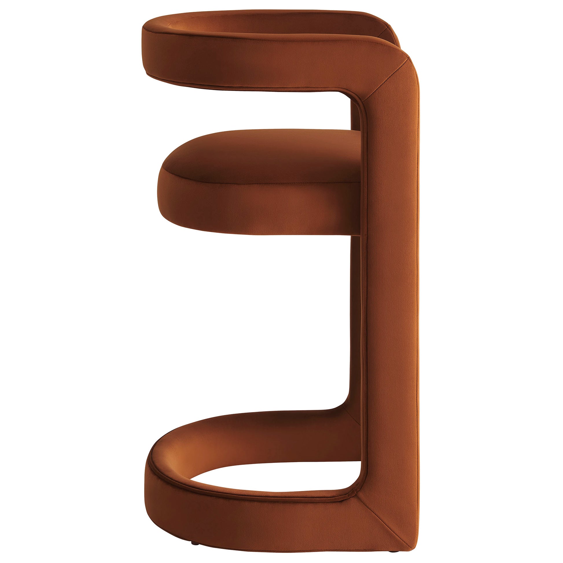 Rust-brown velvet counter stool with an E-shaped frame, rounded arms and a padded seat.