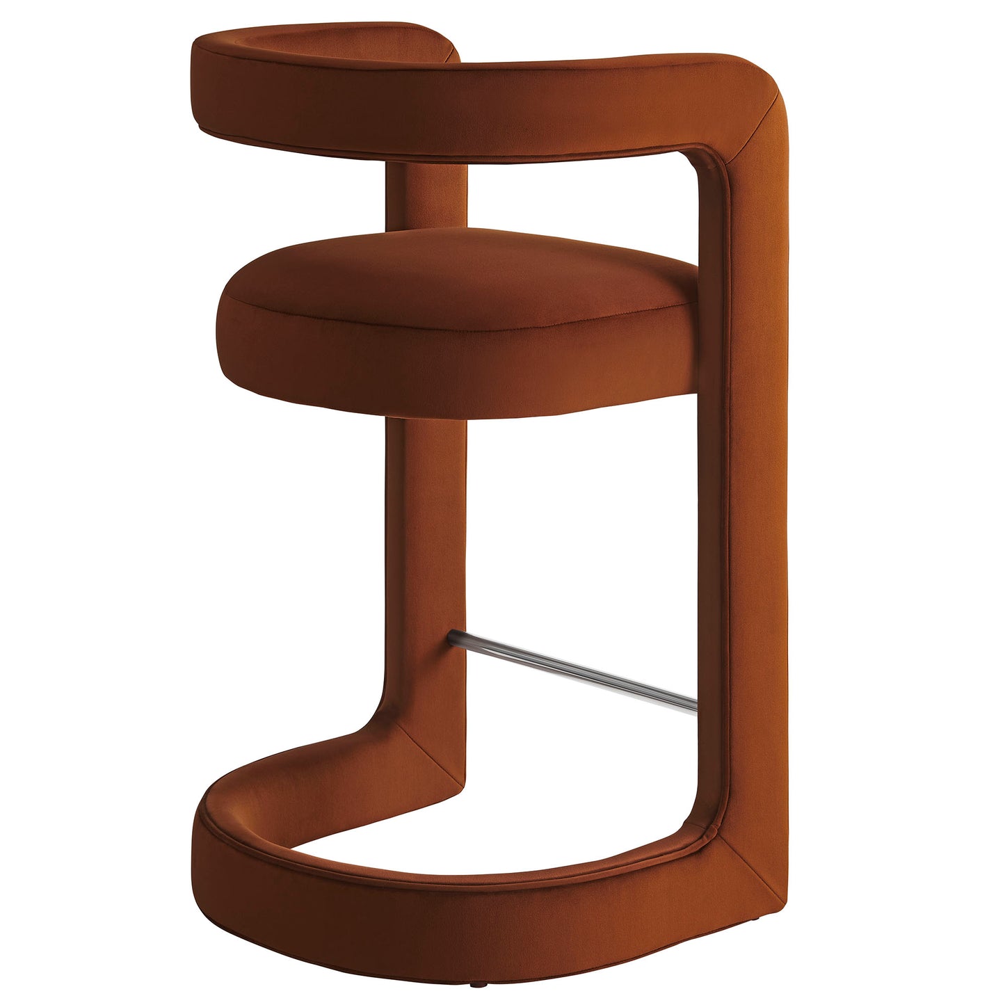 Rust-brown upholstered cantilever counter stool with circular base, round padded seat, curved back and arm rail, and chrome footrest.