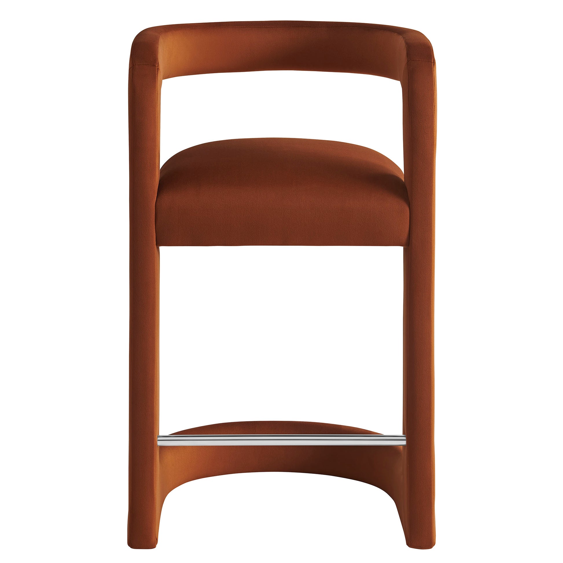 Orange-brown velvet counter stool with curved wood frame, rounded backrest and chrome footrest.