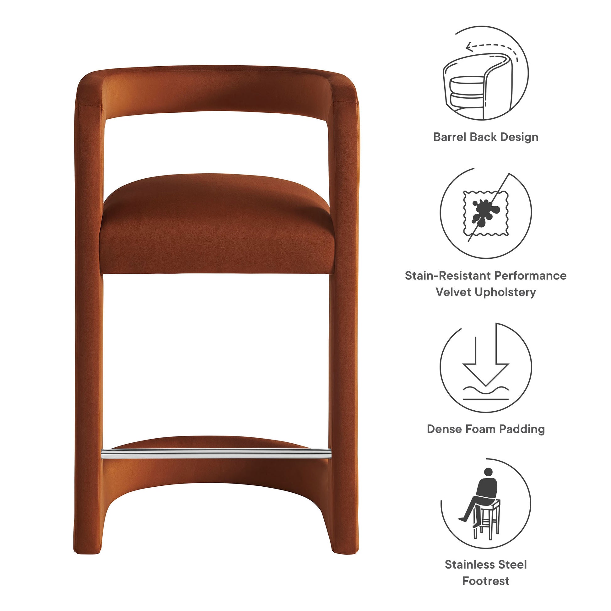 Brown velvet counter stool with a barrel-back design, curved arms, dense foam padding, and a stainless steel footrest.