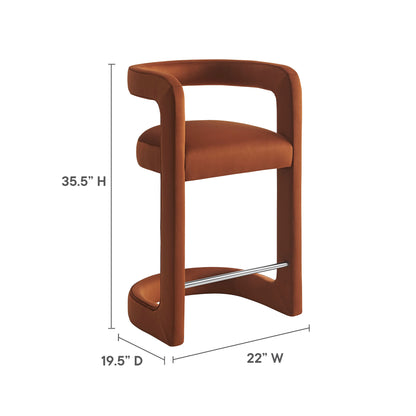 Rust-brown upholstered curved-frame counter stool with chrome foot rail; counter-height seating, modern design.