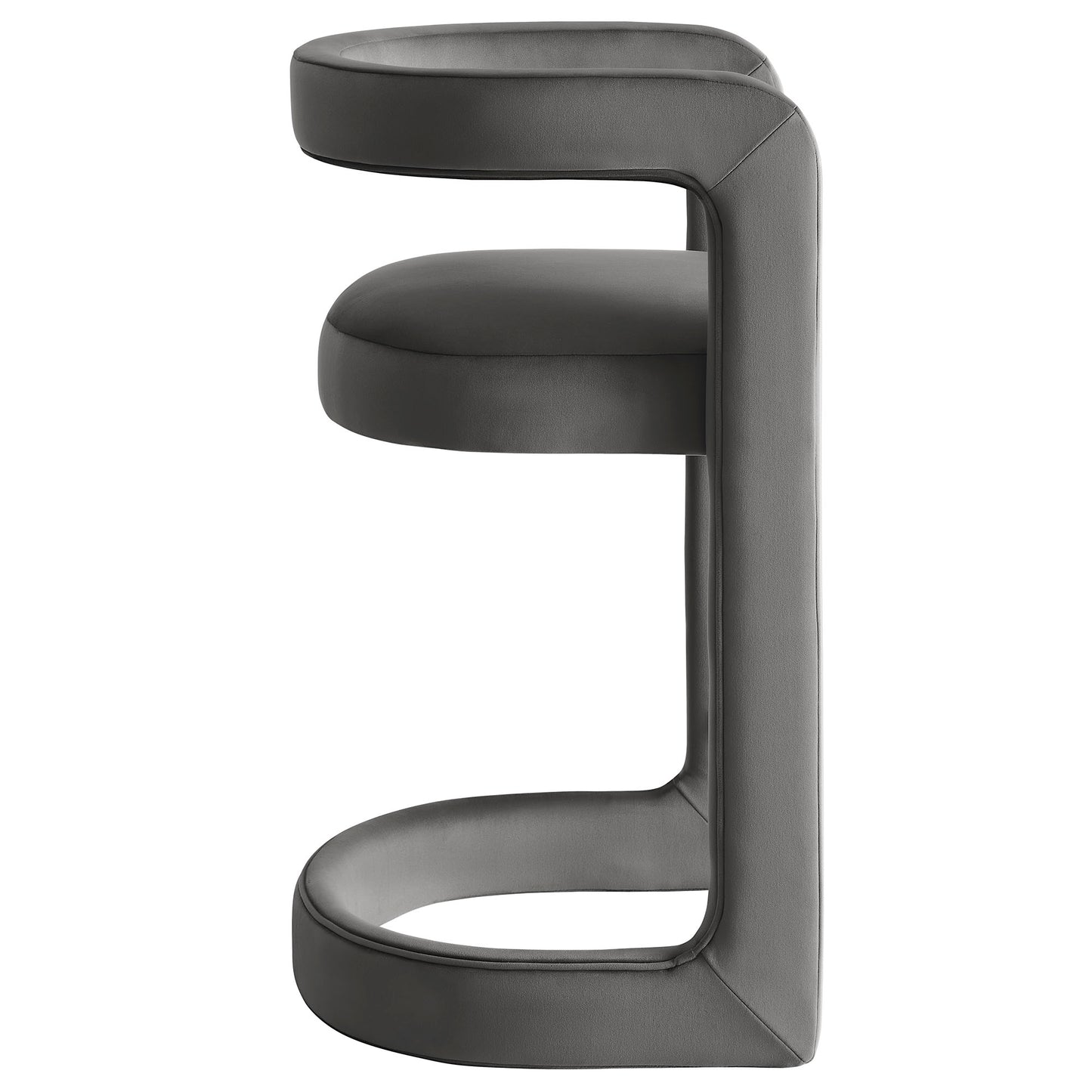 Gray velvet counter stool with a sculptural, E-shaped frame.