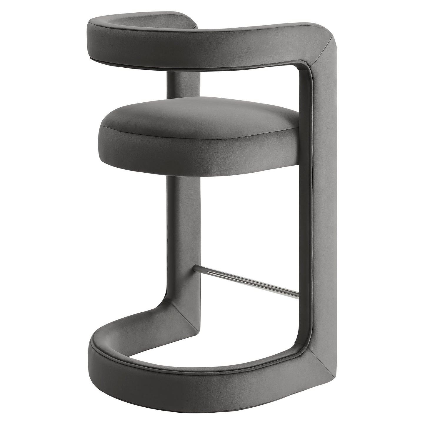 Gray velvet upholstered round counter stool with a curved cantilever steel frame and footrest.
