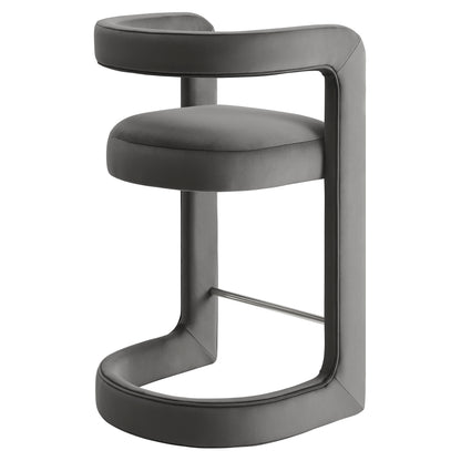 Gray velvet upholstered round counter stool with a curved cantilever steel frame and footrest.