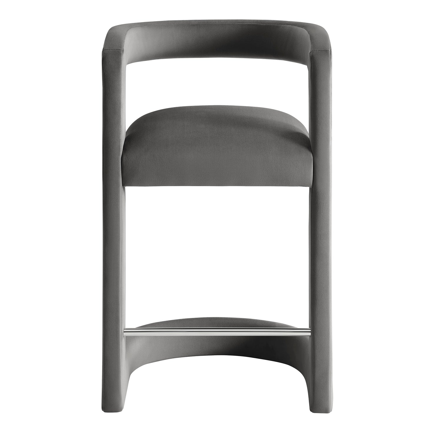 Gray upholstered bar stool with curved backrest and chrome footrest on a modern steel frame.