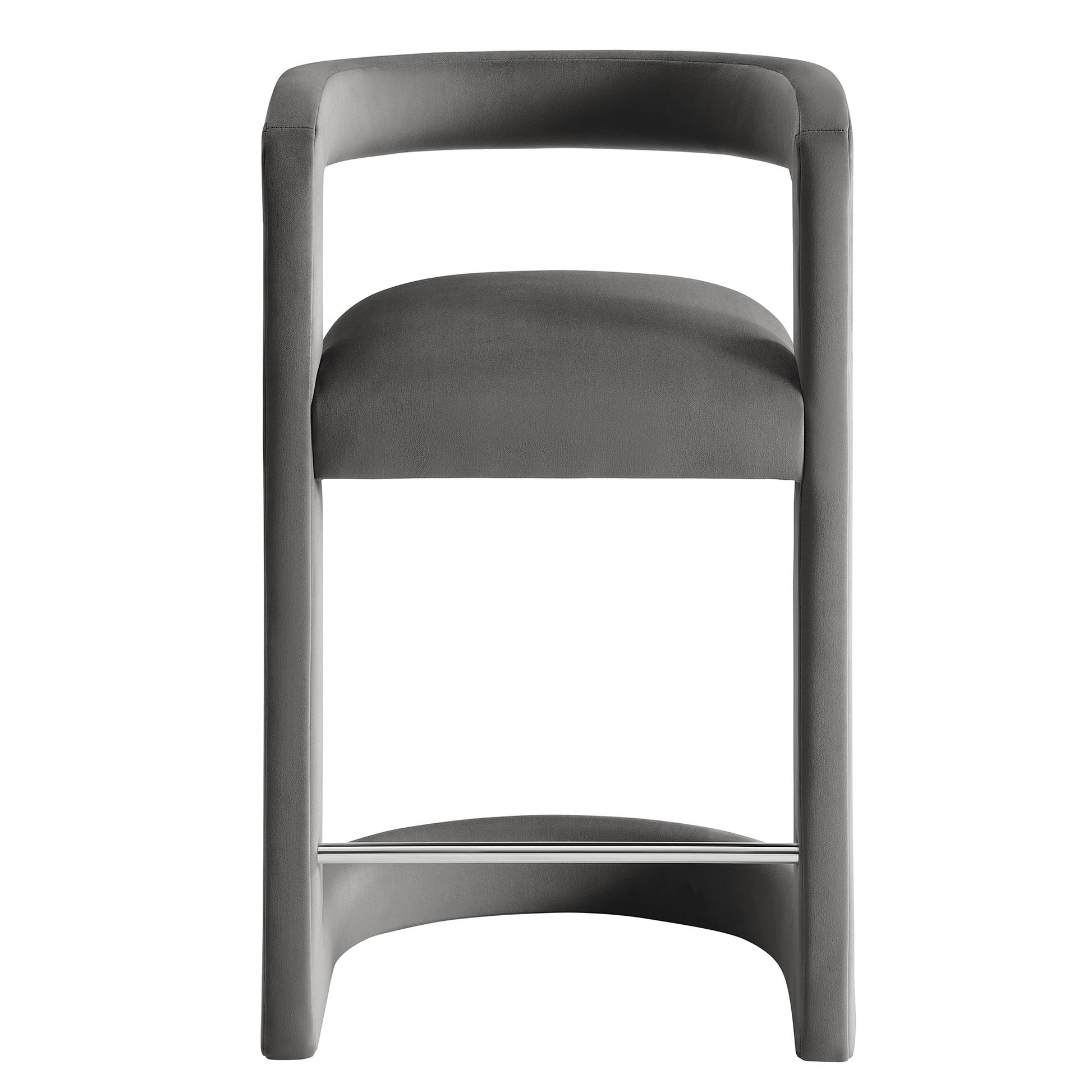 Gray upholstered bar stool with curved backrest and chrome footrest on a modern steel frame.