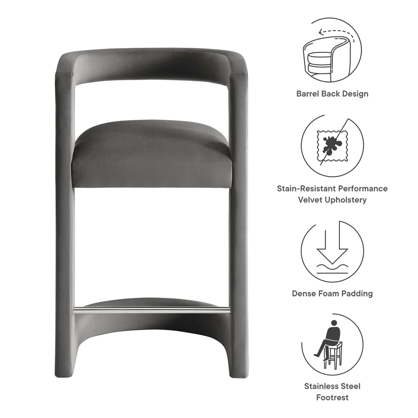 Gray velvet counter stool with barrel back design & dense foam padding & stainless steel footrest.
