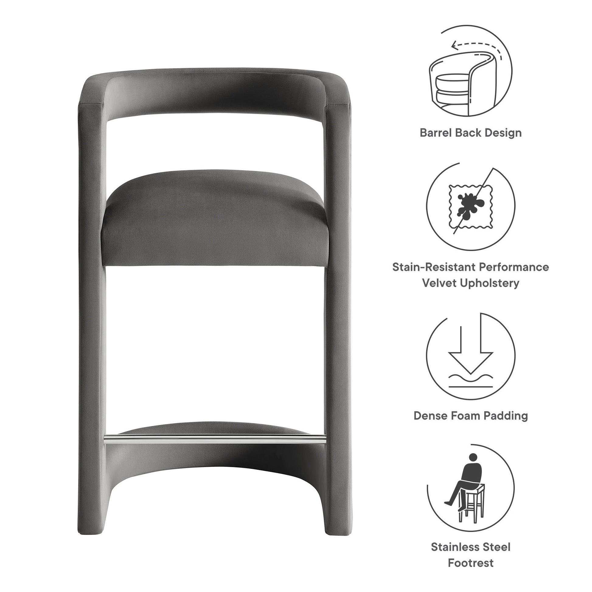 Gray velvet counter stool with barrel back design & dense foam padding & stainless steel footrest.