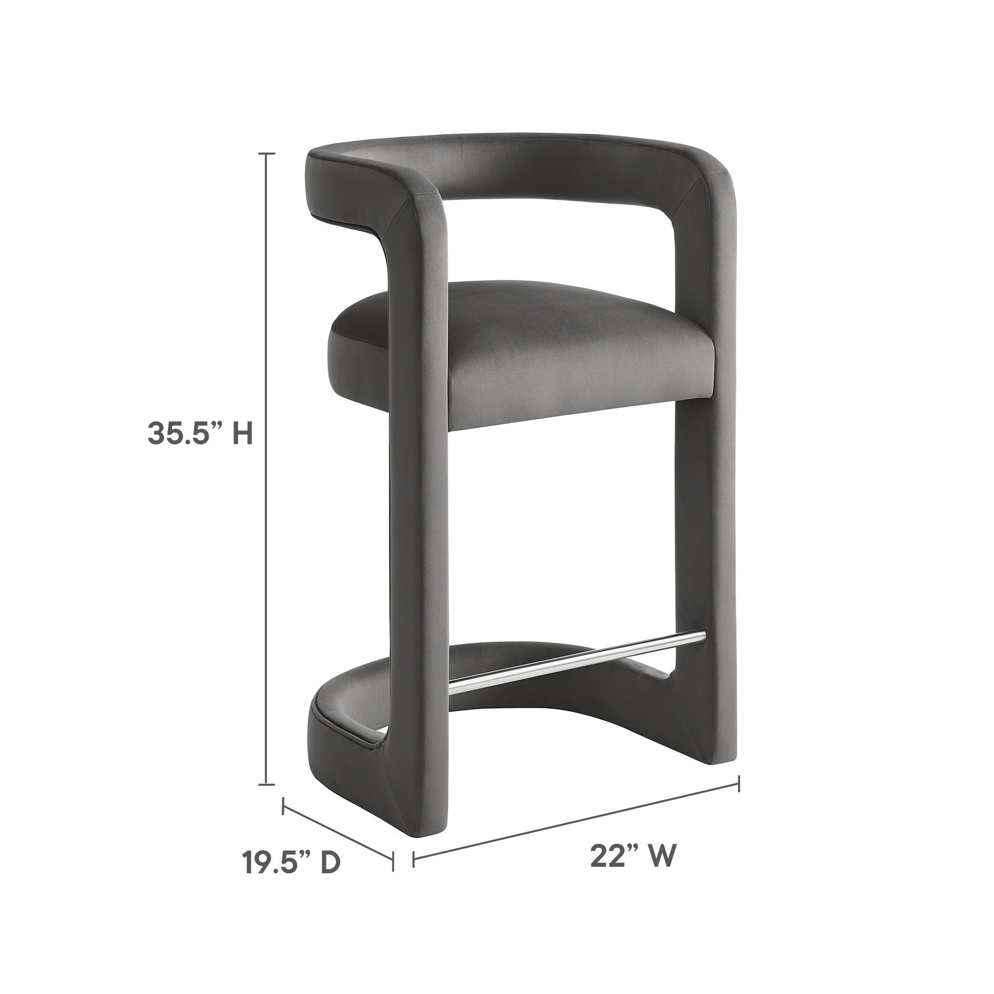 Gray velvet modern counter stool with wraparound curved back, open sides, and chrome foot rail; 35.5" H.