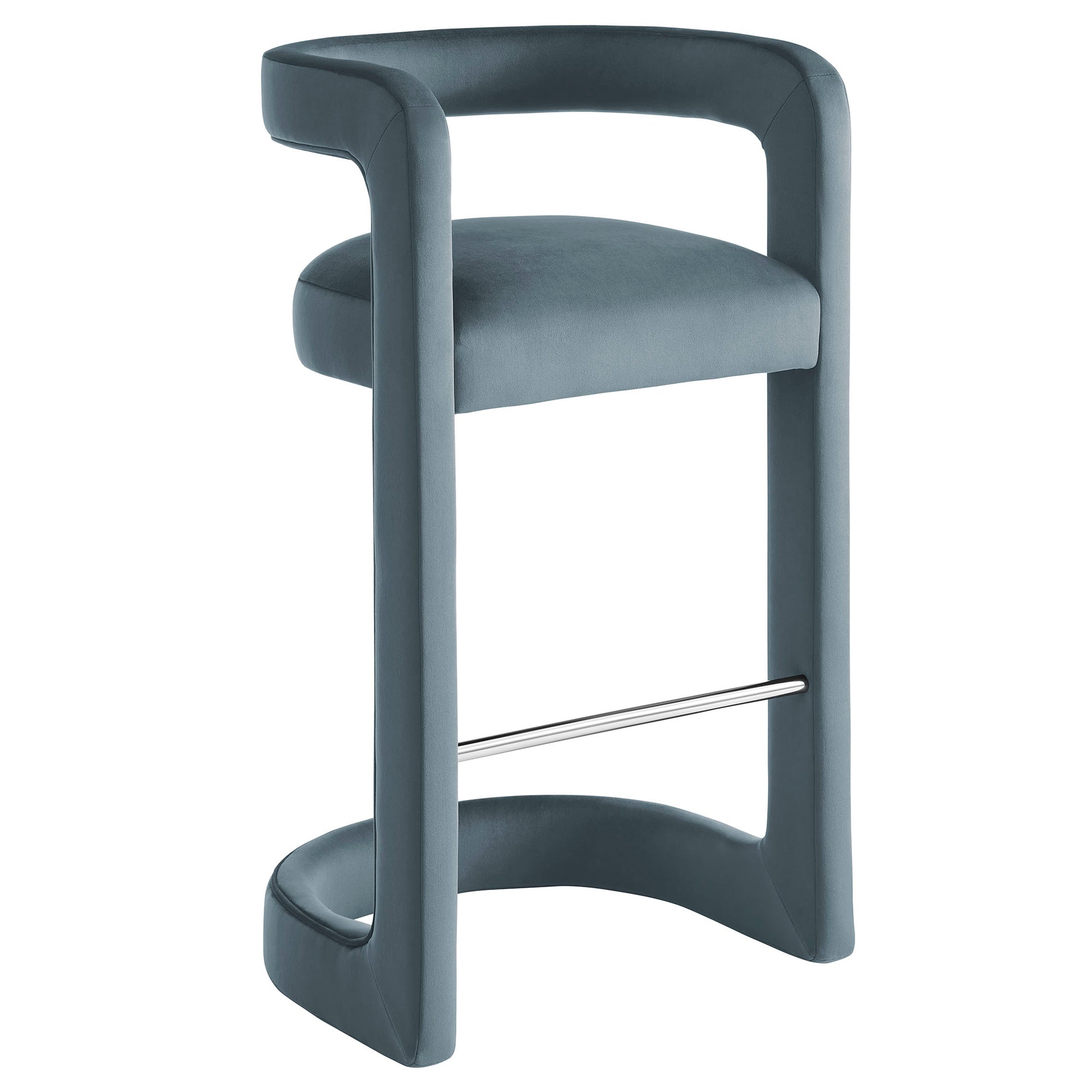 Blue-gray upholstered bar stool with curved, continuous frame and chrome footrest.