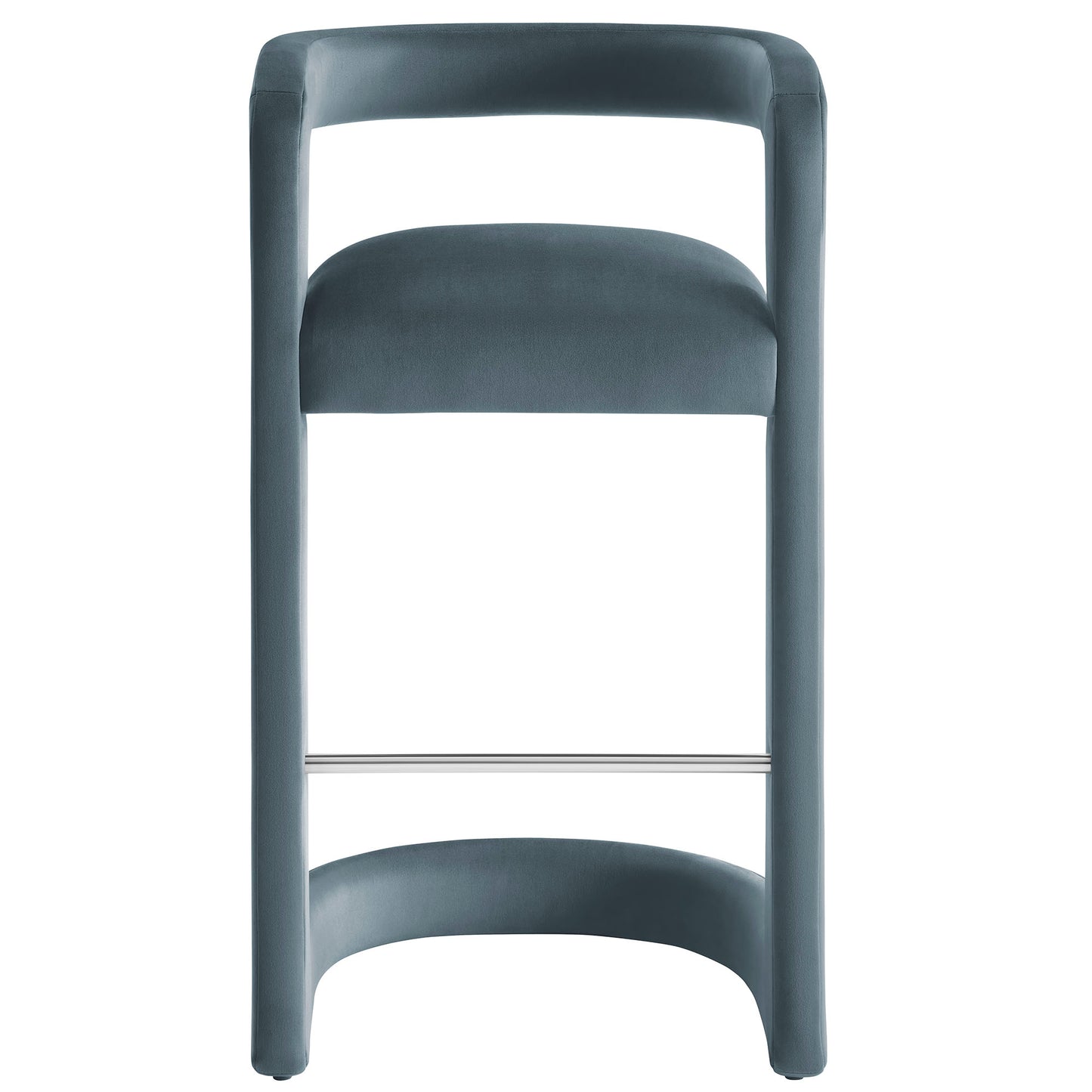 Blue-gray upholstered bar stool with rounded tubular frame and chrome foot rail.