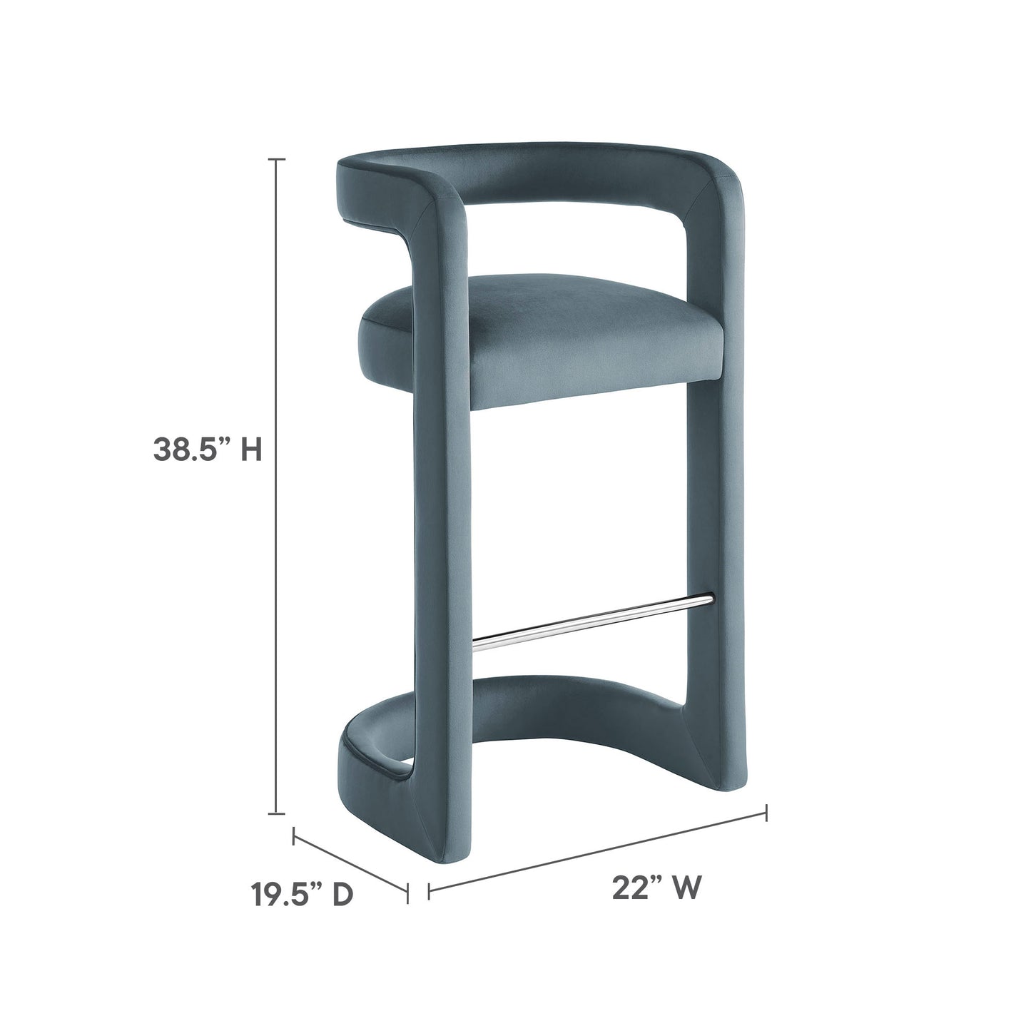 Blue velvet upholstered bar stool with a curved metal frame, integrated armrests, and chrome footrest.