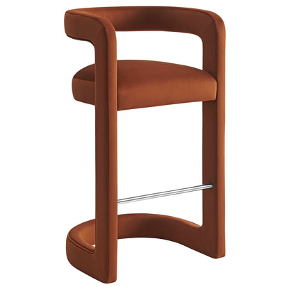 Brown velvet upholstered bar stool with a curved wooden frame and chrome footrest.